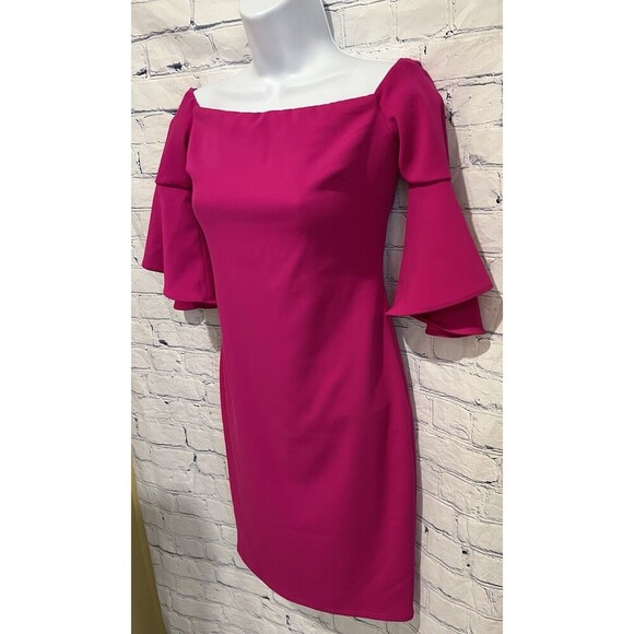 LAUNDRY by SHELLI SEGAL Off Shoulder Crepe Hot Magenta Pink Cocktail Dress 0 - Picture 4 of 7